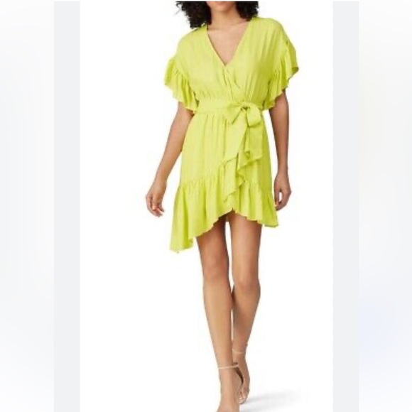 $288 NISSA X Revolve Neon Yellow ruffle crepe tie mini dress women size 12 - Picture 1 of 8